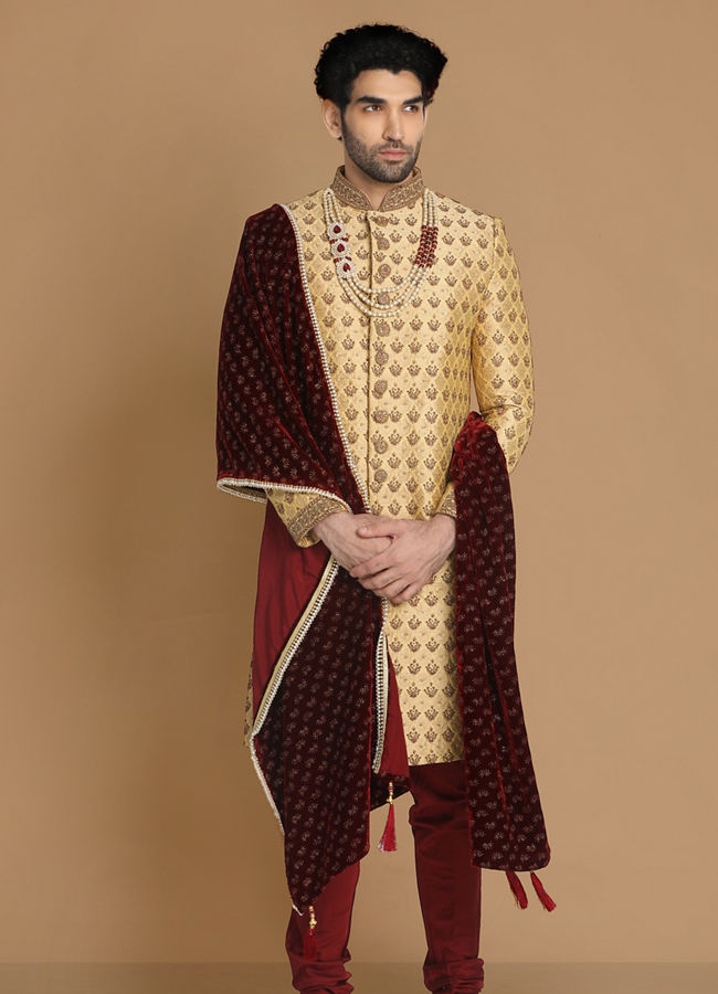alt message - Manyavar Men Plush Fawn Sherwani Suit image number 1